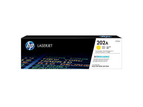 HP 202A Yellow Toner Cartridge (CF502A) — genuine HP original, factory sealed box