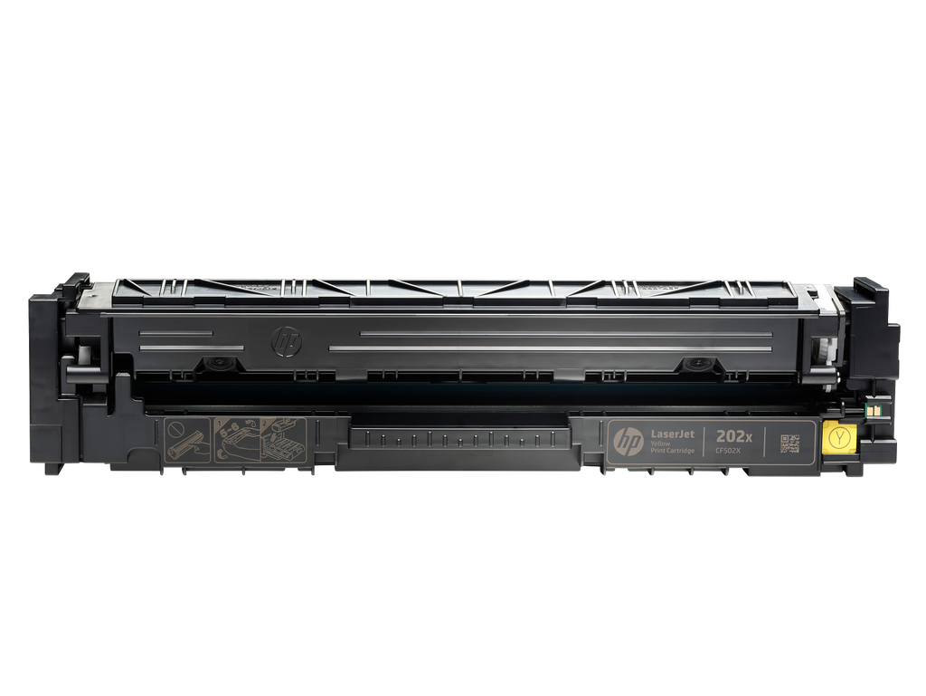 HP 202X Yellow Toner Cartridge (CF502X) — genuine HP original, factory sealed box