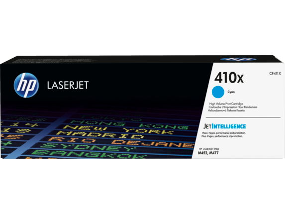 HP 410X Cyan Toner Cartridge (CF411X) — genuine HP original, factory sealed box