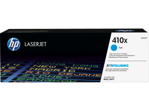 HP 410X Cyan Toner Cartridge (CF411X) — genuine HP original, factory sealed box