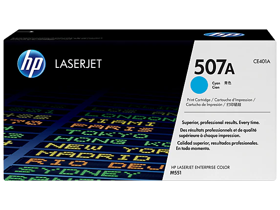 HP 507A Cyan Toner Cartridge (CE401A) — genuine HP original, factory sealed box