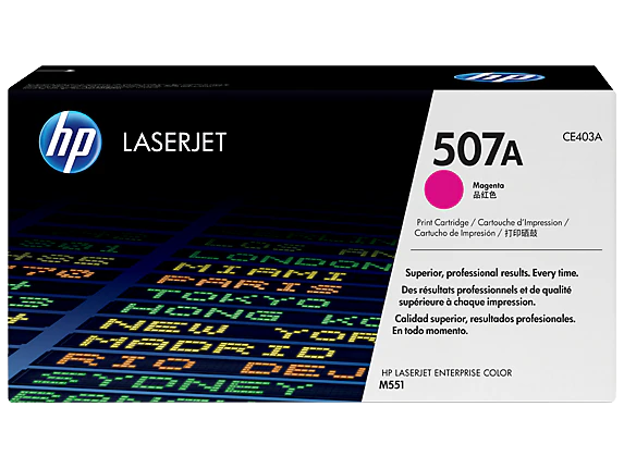 HP 507A Magenta Toner Cartridge (CE403A) — genuine HP original, factory sealed box
