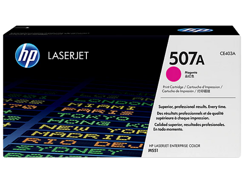 HP 507A Magenta Toner Cartridge (CE403A) — genuine HP original, factory sealed box