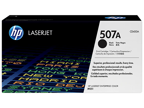 HP 507A Toner Cartridge (CE400A) — genuine HP original, factory sealed box