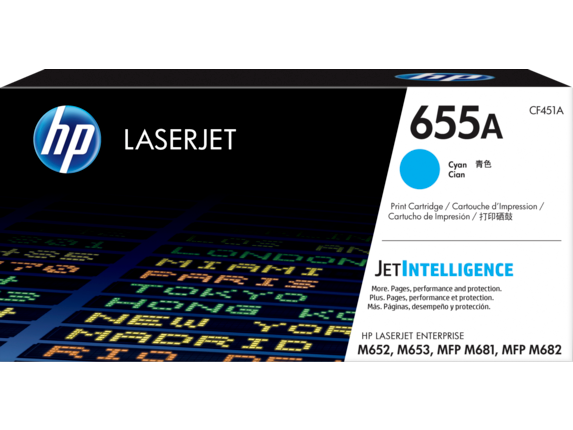 HP 655A Cyan Toner Cartridge (CF451A) — genuine HP original, factory sealed box
