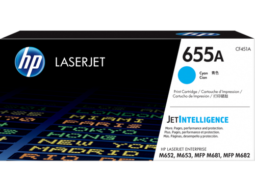 HP 655A Cyan Toner Cartridge (CF451A) — genuine HP original, factory sealed box