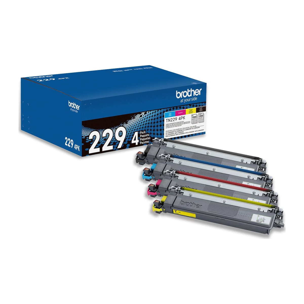 Brother TN229 Toner Cartridge CMYK 4-Pack (TN2294PK) — genuine Brother original, factory sealed box