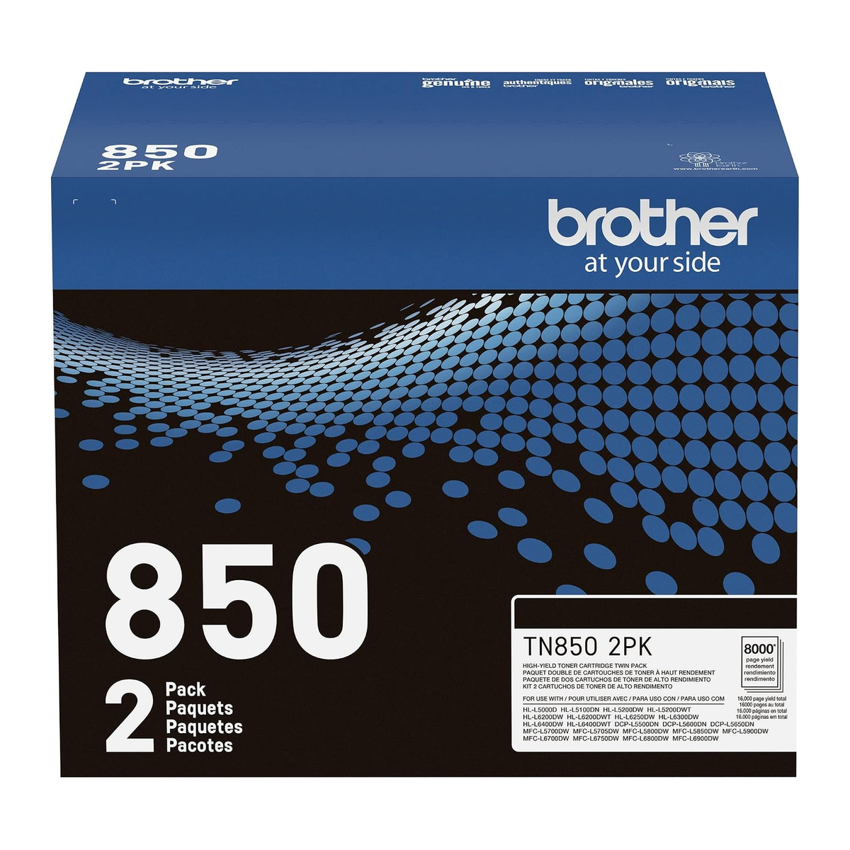 Brother TN850 Toner Cartridge 2-Pack (TN8502PK) — genuine Brother original, factory sealed box