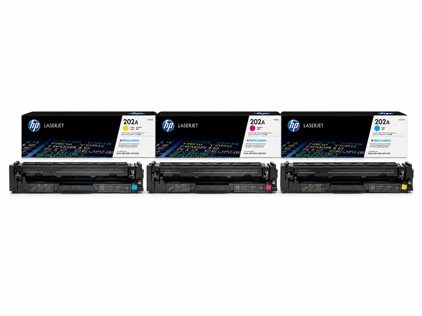 HP 202A Toner Cartridge CMY 3-Pack (HP202A-CMY) — genuine HP original, factory sealed box
