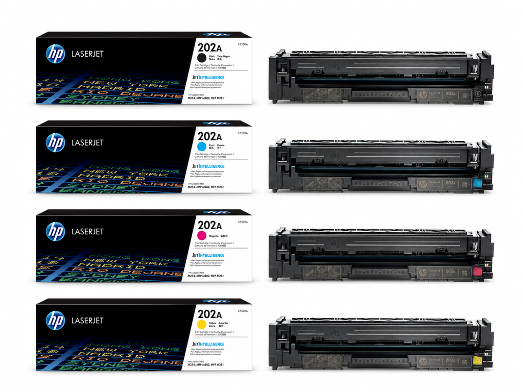 HP 202A Toner Cartridge CMYK 4-Pack (HP202A-CMYK) — genuine HP original, factory sealed box
