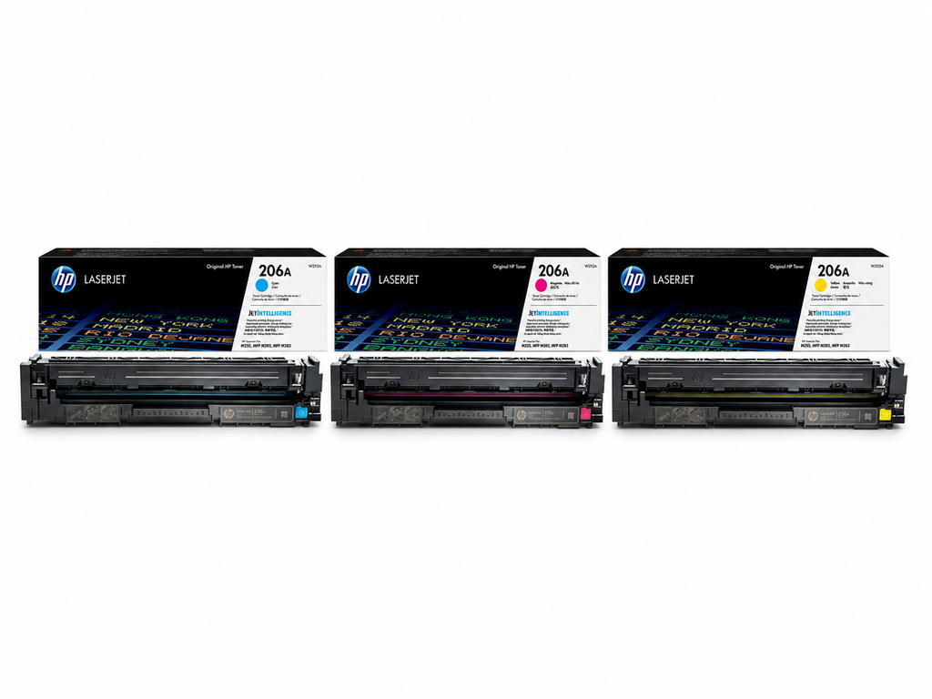 HP 206A Toner Cartridge CMY 3-Pack (HP206A-CMY) — genuine HP original, factory sealed box