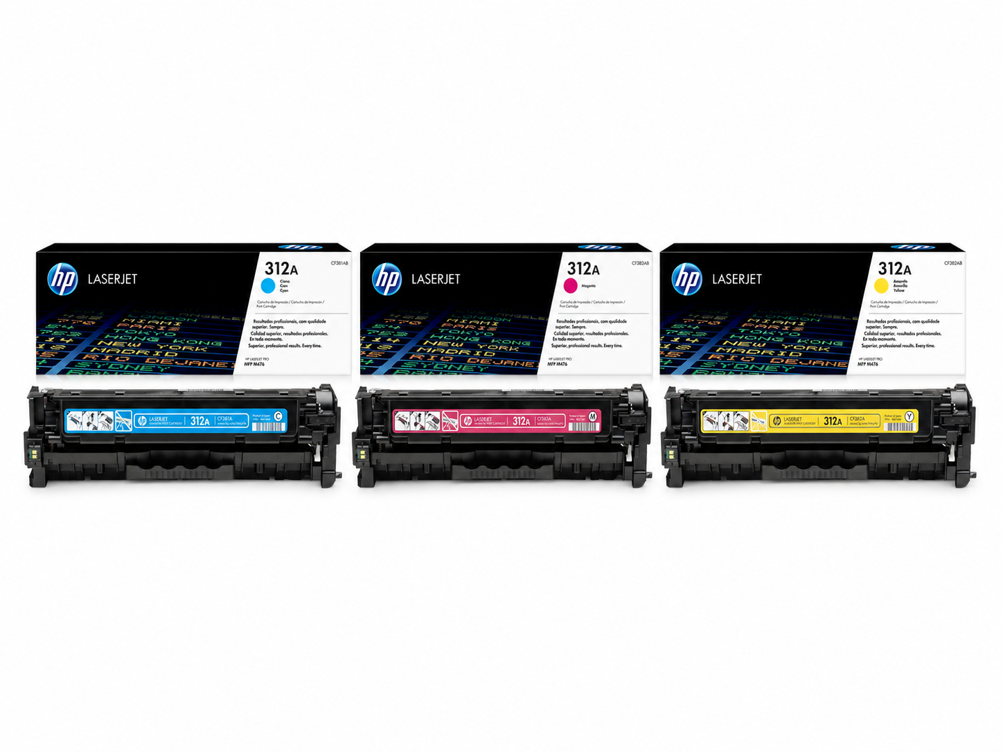 HP 312A Toner Cartridge CMY 3-Pack (HP312A-CMY) — genuine HP original, factory sealed box