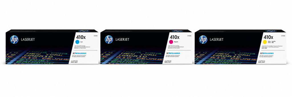 HP 410X Toner Cartridge CMY 3-Pack (HP410X-CMY) — genuine HP original, factory sealed box