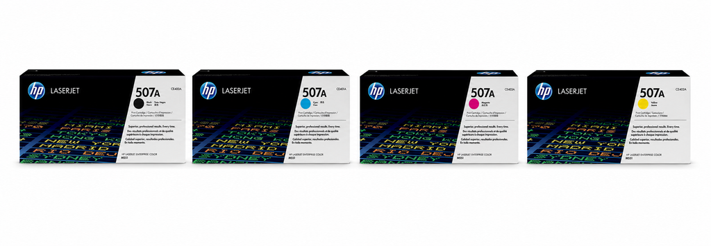 HP 507A Toner Cartridge CMYK 4-Pack (HP507A-CMYK) — genuine HP original, factory sealed box