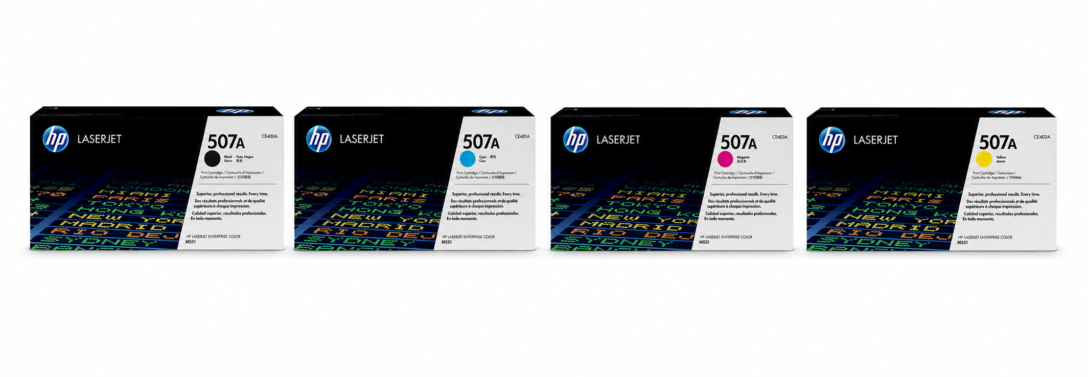 HP 507A Toner Cartridge CMYK 4-Pack (HP507A-CMYK) — genuine HP original, factory sealed box