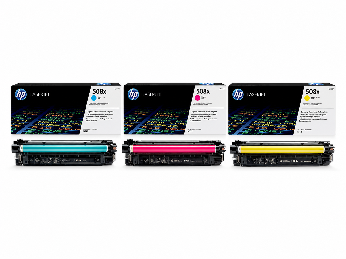 HP 508X Toner Cartridge CMY 3-Pack (HP508X-CMY) — genuine HP original, factory sealed box