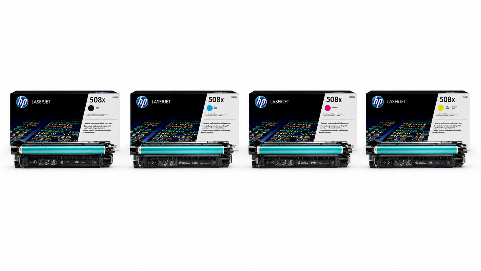 HP 508X Toner Cartridge CMYK 4-Pack (HP508X-CMYK) — genuine HP original, factory sealed box